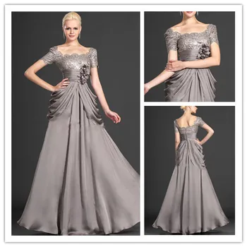 

MANSA 2015 Elegant Cap Sleeves Mother Evening Dress Modest Gray Chiffon Beaded Mother Of The Bride Dress With Sleeve Custom Made