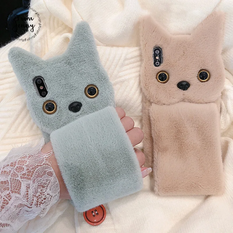 

From Jenny Autumn plush cat for iPhone x xr xs max 6 6s 7 8 Plus solid color wristband phone protection soft shell