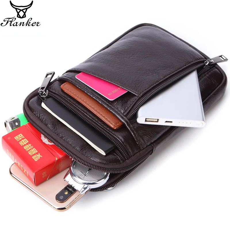 

Flanker men small waist packs genuine leather casual crossbody bags with zipper pocket shoulder messenger bag 7" cell phone bag