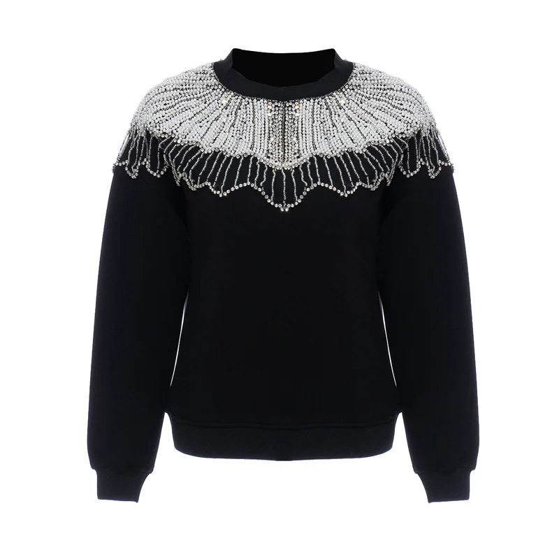 HarleyFashion весенне-осенняя свободная повседневная черная толстовка с капюшоном, роскошный дизайн, круглый вырез, ручная работа, бисер, качественная Женская толстовка