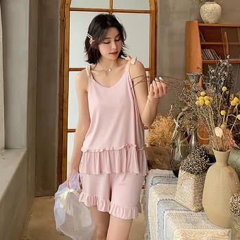 

Solid Color Sling Ruffled Shorts Pajamas Set Home Clothes Female Spring and Summer Cute Style Home Clothes Pijama Lenceria