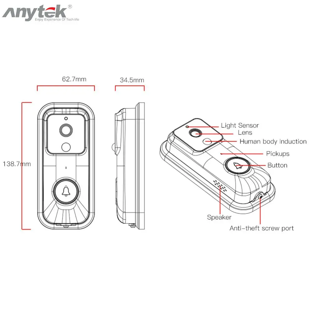 Умный дверной звонок Anytek B60 HD 1080P Wi Fi видеодомофон с облачным хранилищем