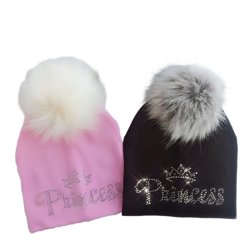 

infant princess crown diamond embroidery flowers baby cotton raccoon Faux Fur pompom diamond hat cap beanie for girl and boy