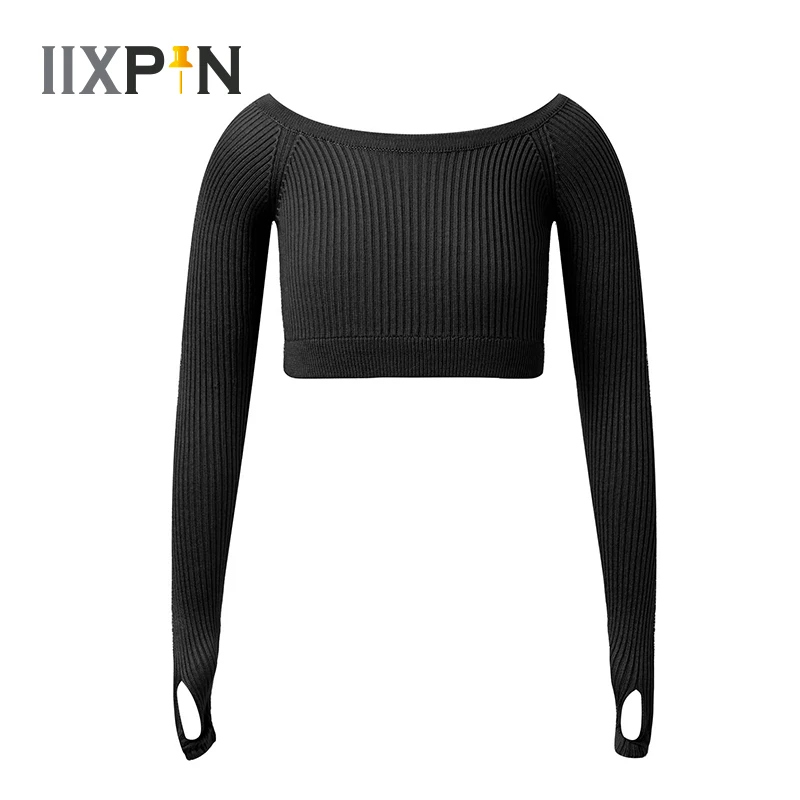 

Kids Girls Ballet Dance Crop Top Long Sleeve Stretchy Tight Ballet Dancewear Gymnastics Workout Fitness Knitted Sweater Crop Top