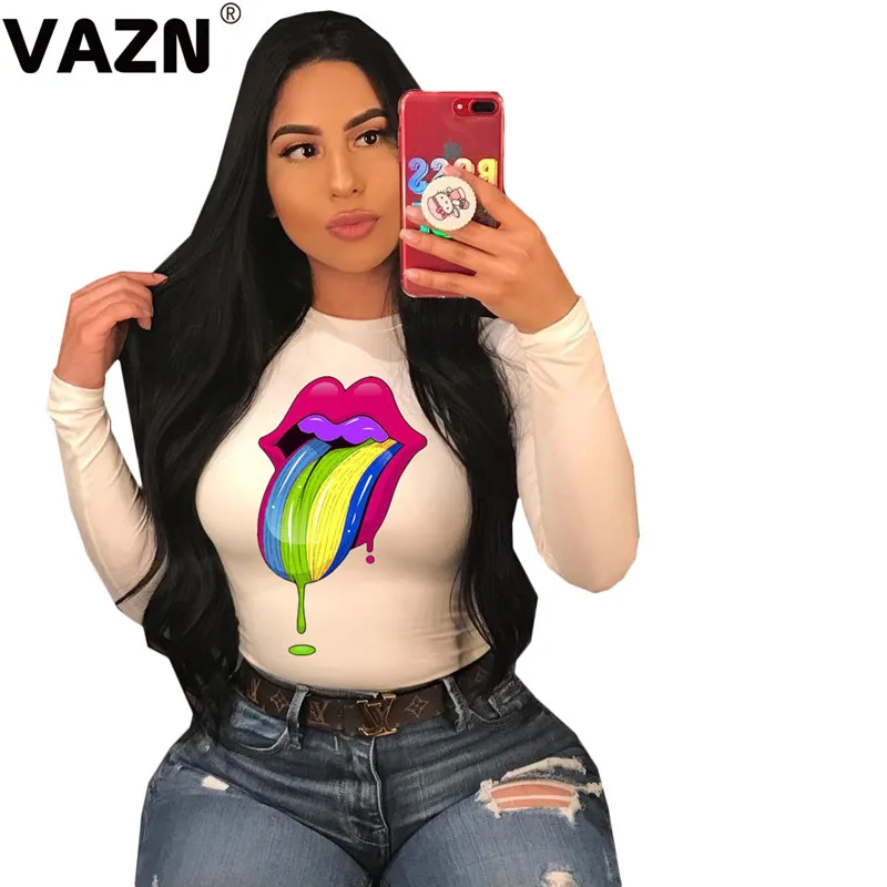 Lips White VAZN LM8081 новые качественные дизайнерские женские футболки с круглым вырезом и длинными рукавами, сексуальные женские футболки с вырезами - Цвет: Lips White