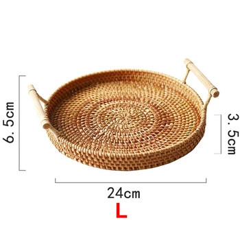 

PHFU-Rattan Storage Tray, Round Basket with Handle, Hand-Woven, Rattan Tray Wicker Basket Bread Fruit Food Breakfast Display L