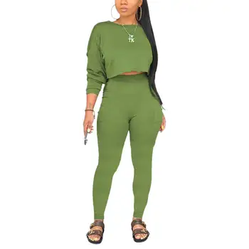 

Women’s Two Piece Clothes Set Fashion Solid Color Long Sleeve Pullover Top and High Waist Pocket Trousers Casual Women Tracksuit