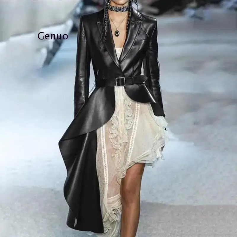 

New Turn-Down Collar Full Sleeves Asymmetrical Bottoms Pu Leather Waist Belts Female Trench Autumn Coat