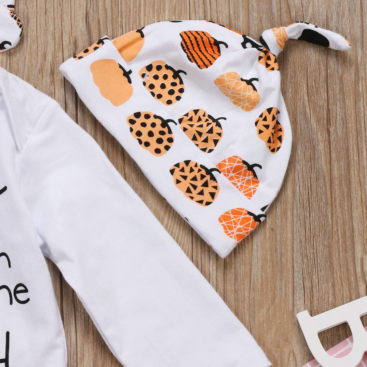 Newborn Baby Halloween Costume Clothes Infant Girls Boys Letter Long Sleeve Romper+Print Pants+Hat+Headband 4pcs Toddler Outfit