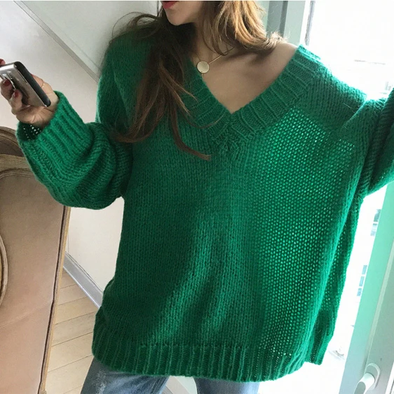 Autumn New Women's Pullovers Sweater Mohair Knitting Hollow Out V-neck Loose Korean Female Casual Fashion Tops T98319D