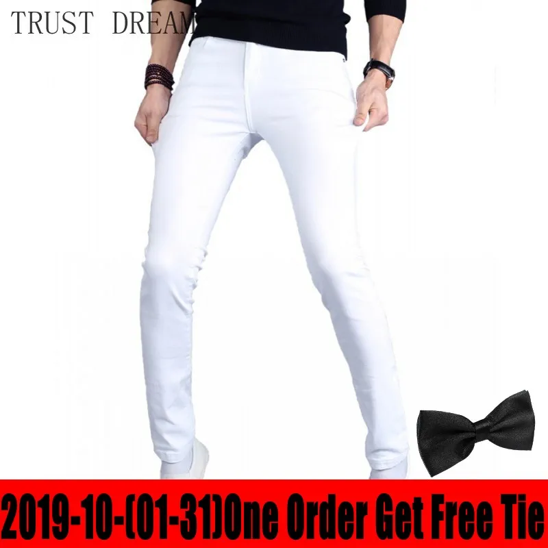 Fall Winter Classic Young Man Casual Stretch Jeans Skinny Solid White Men Slim Quality Denim Pants Male StreetWear Warm Fleece