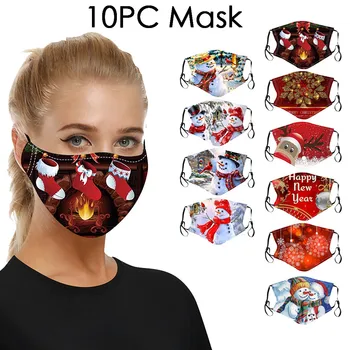 

10pc Christmas Face Mask Print Mouth Fabric Facial Mask Kids Protection Face Mascarillas Washable Earloop Маски Mouth Cover#YL5