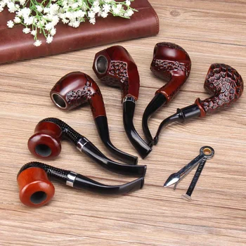 

6Pcs Traditional Style Wooden Wood Handmade Tobacco Smoking Pipes Filter 16cm Bent Pipes Cigarette Cigar Tube Gifts with Box