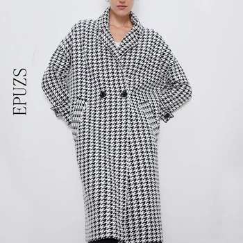 

Winter white plaid Wool Coats Women Double Breasted long coat and Jackets Elegant Slim Pockets office Coats 2019