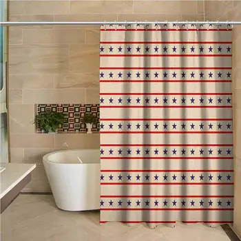 

Primitive Country Professional Shower Curtain Horizontal Borders Patriotic Stars Nostalgic USA Design Pattern Decorative