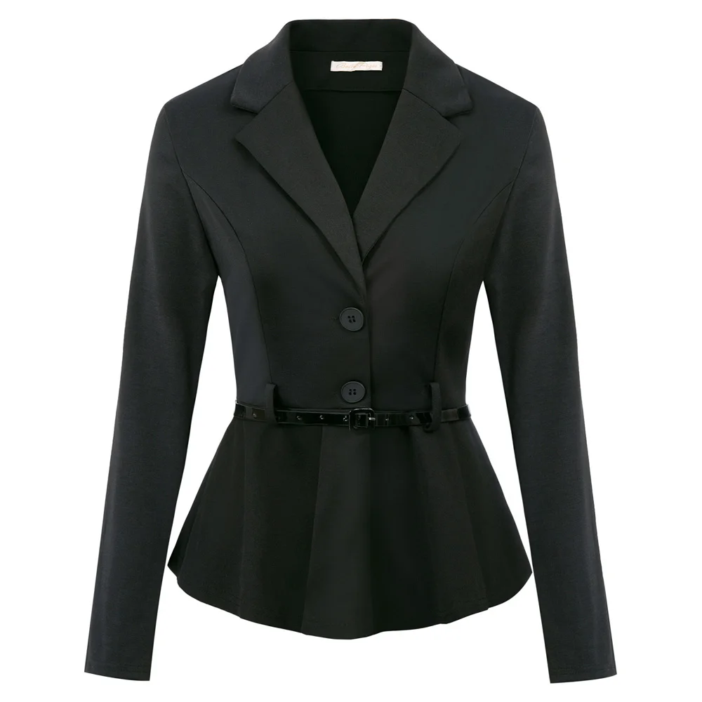 

black Women Casual OL Coat Long Sleeve Notch Lapel Two-Button Belt solid color slim elegant business jacket ladies office tops