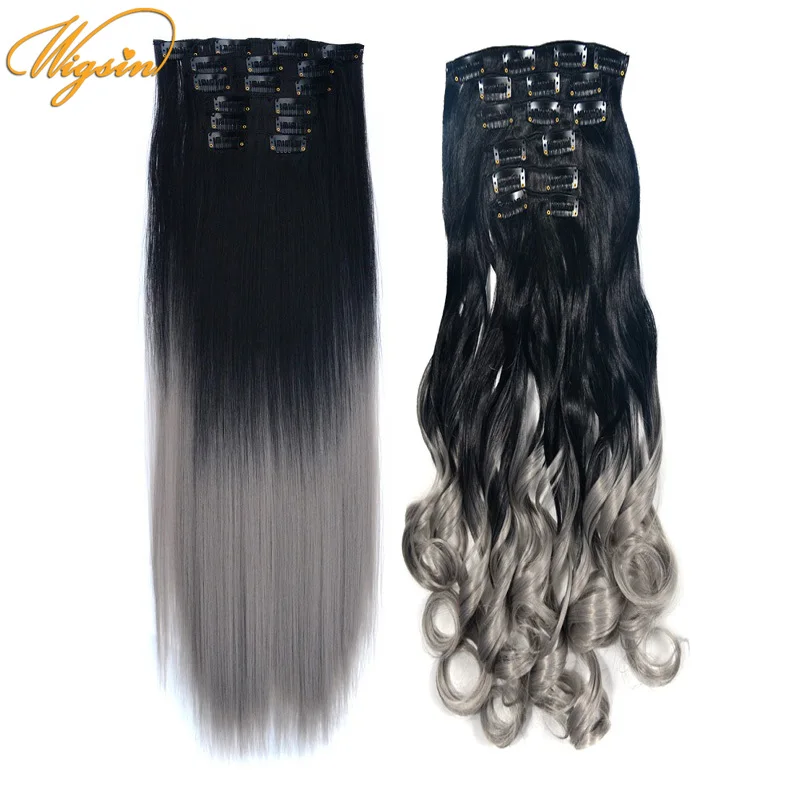 

WIGSIN Synthetic 16Clips Long Straight Wavy Hair Extension 24Inch Natural Invisible Ombre Gray Brown Hairpiece for Women