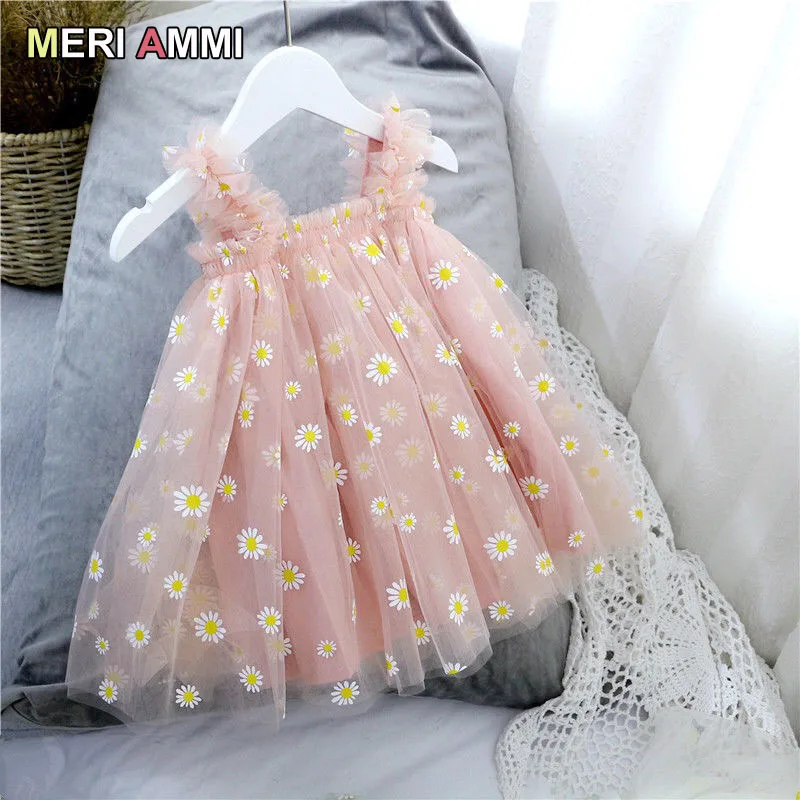 For 1-13 Y Daisy Flower Girls Birthday Dress Kid Children Clothing Sleeveless Floral Party Christmas Knee Length Mesh girls dress,kids clothes