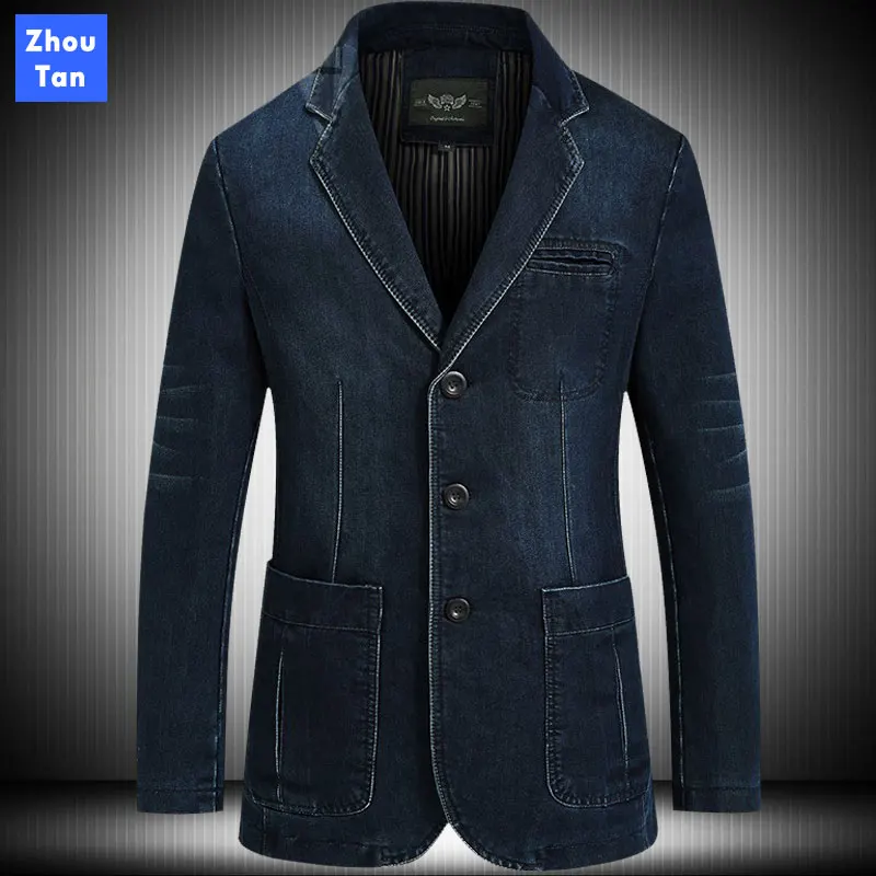 

Fashion denim jacket for men Blazer Spring Autumn Casual Cotton solid Brand Clothing Suit pockets breathable Single Breasted