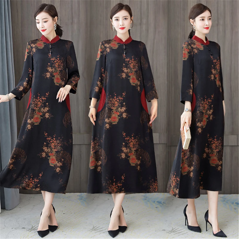 Spring Autumn Chinese style dress for women long Full sleeved dress ladies improved cheongsam dress Printing fragrant cloud yarn