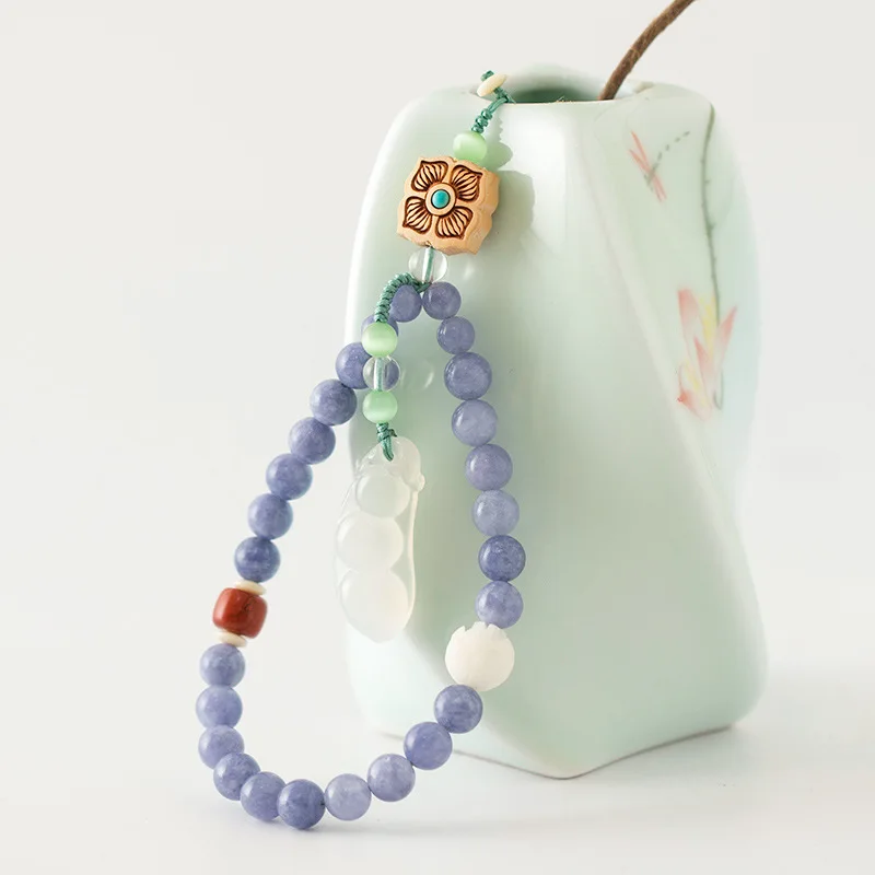 

Chinese element national crafts aquamarine mobile phone lanyard short car keychain bag pendant hanging wrist mobile phone chain