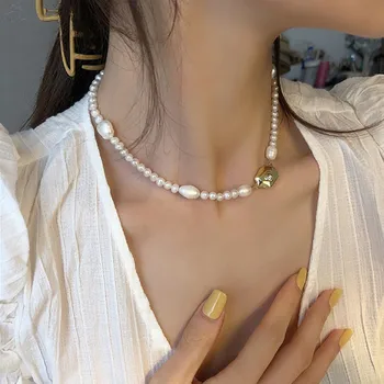 

AOMU 2020 New Korea Retro Elegant Necklace Irregular Metal Freshwater Pearl Choker Clavicle Chain for Women Girls Jewelry Gifts