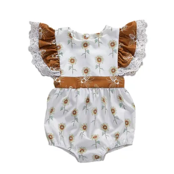 

0-24M Newborn Baby Girls Summer Off Shoulder Sunflowers Print Ruffles Short Sleeve Jumpsuits Clothing