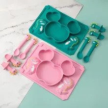TYRY.HU plato de silicona para bebé, juego de cuchara y tenedor con dibujos de dinosaurios, tazón de silicona para alimentación de bebé, vajilla para niños