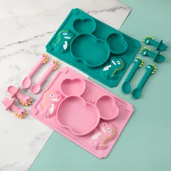 TYRY.HU Baby Silicone Plate Kids Bowl Plates Dinosaur Cartoon Spoon Fork Set Baby Feeding Silicone Bowl Dishes Kids Tableware