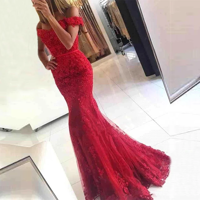 Off the Shoulder Long Mermaid Evening Dresses Lace abiti da sera Applique Robe De Soiree longue Formal Gowns abiye gece elbisesi Red