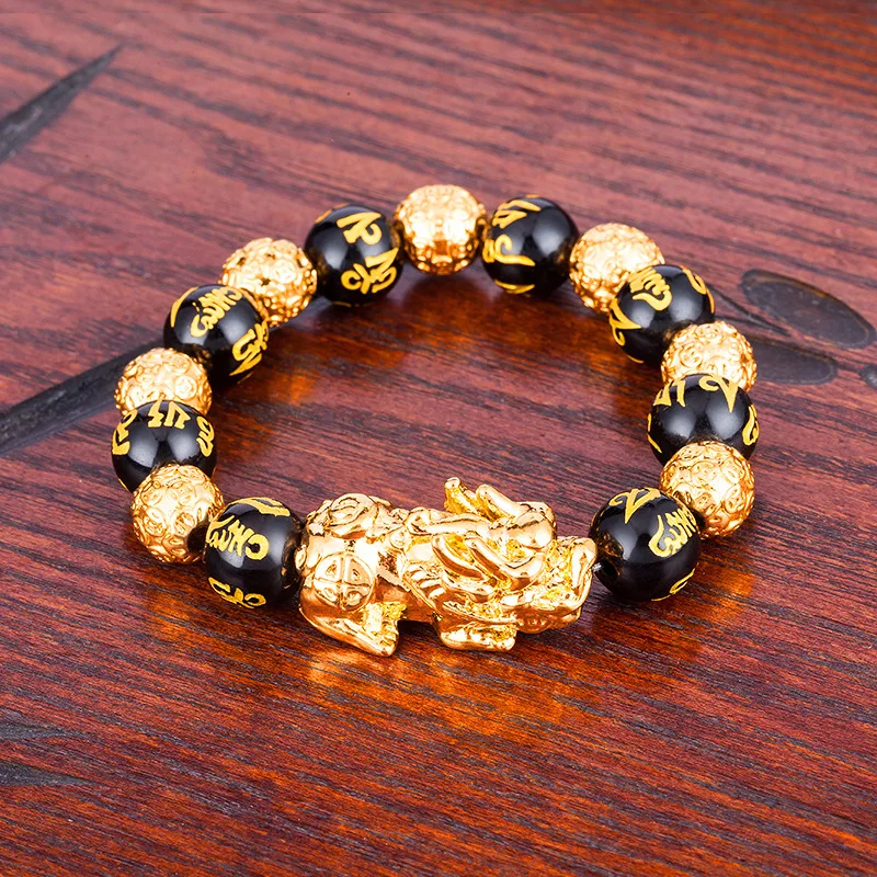 Real Black Obsidian Stone Beads 24K Gold Color Feng Shui Bracelets for