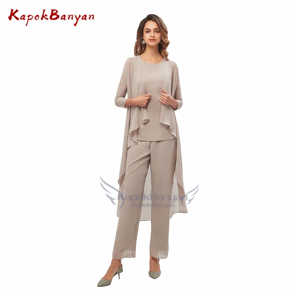 

3 Pieces Summer Chiffon Mother of the Bride Dress Pants Suit Mother Dress with Long Shawl