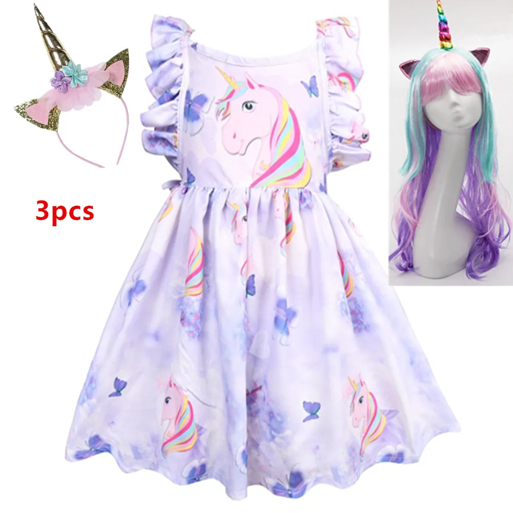 Vestidos/летнее платье для девочек коллекция года, брендовый Единорог для вечеринки с открытой спиной, платье принцессы Детский костюм, детская одежда розовый+ парик