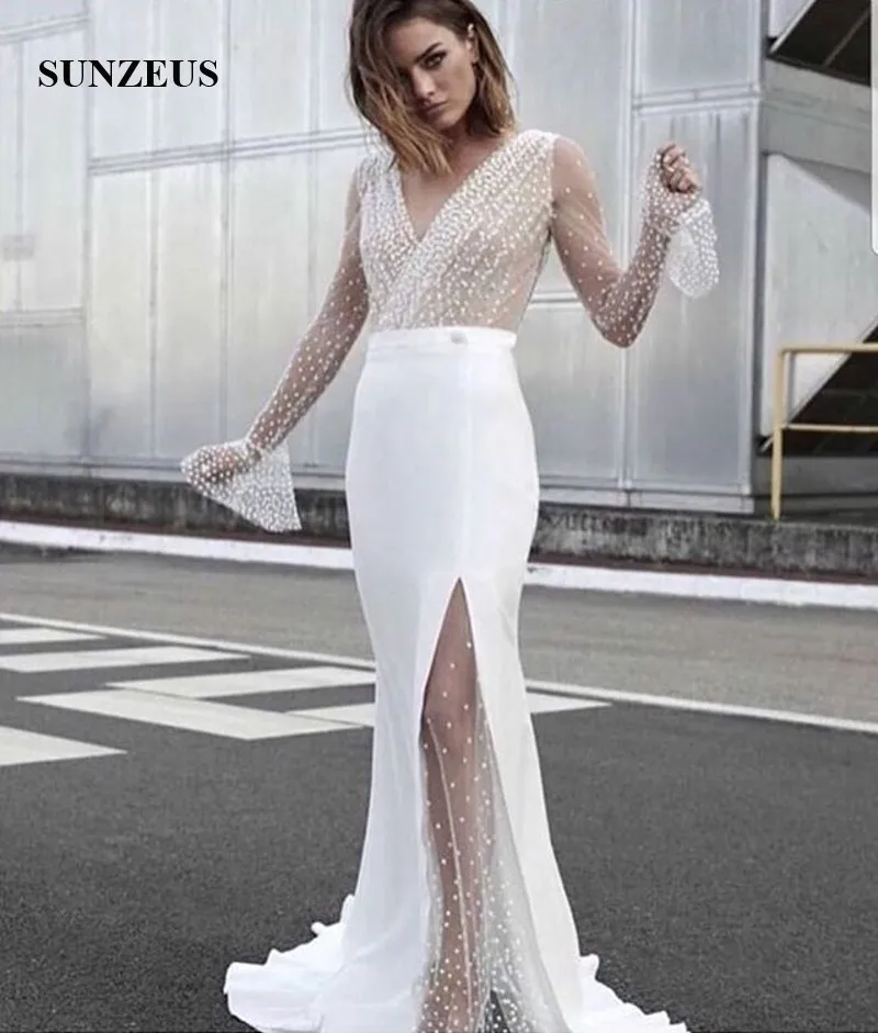Pearls Beaded Long Sleeves Formal Dresses Mermaid V-neck Floor Length Long Evening Gowns Women Party Wear
