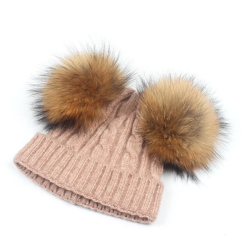 Зимняя детская шапка с натуральным мехом, теплые милые повседневные кепки для девочек и мальчиков, Детские Зимние 2 меховые помпон, шапки для детей от 6 месяцев до 3 лет