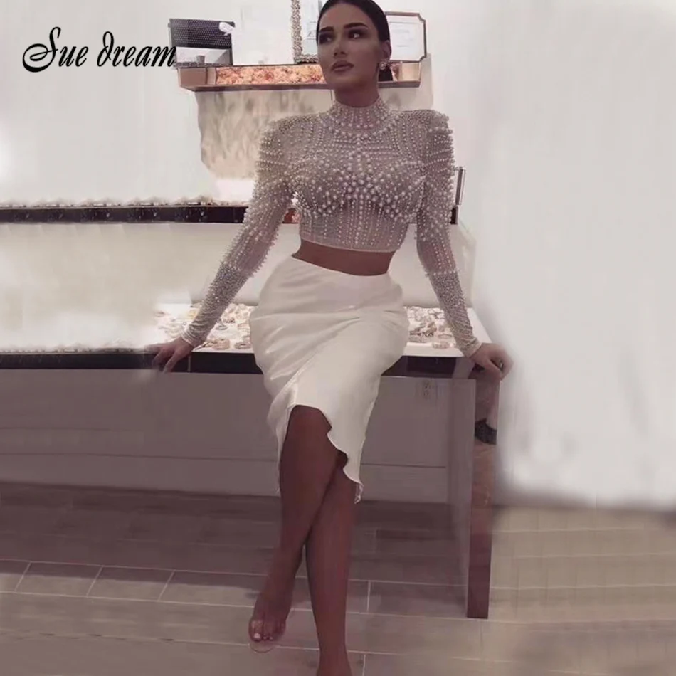 

2020 New Spring Women's 2 Piece Two-Piece Set Mesh Beaded O-neck Long Sleeve Top & Split Bandage Skirt Bodycon Sexy Party Set
