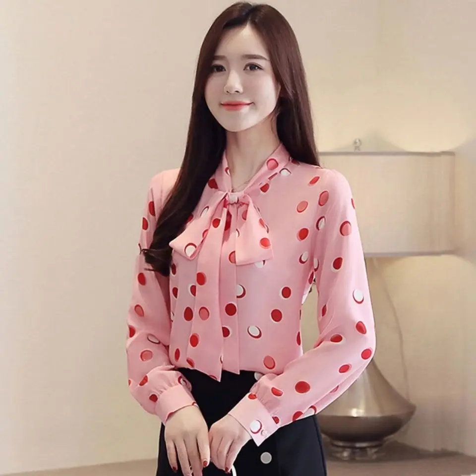 Korean Version 2021 Spring And Summer New Lace Up Bow Fashion Big Wave Dot Printing Lady Long Sleeve Chiffon Shirt B053