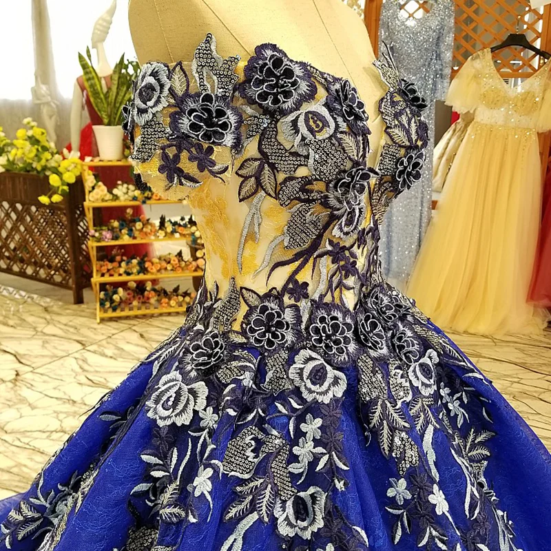 LS03656 flores de encaje azul vestido noche la belleza del hombro cord&oacuten hasta fiesta posterior 2018 con env&iacuteo r&aacutepido