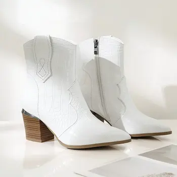 

2020 New Fashion Ankle Boots Autumn Women Boots Pu Leather Square High Heel Western Boots Pointed Toe Zipper Winter Boots Shoes