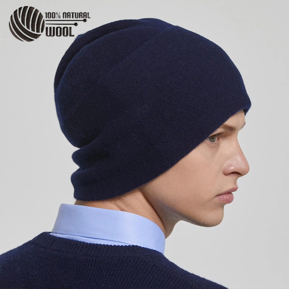 100% Australian Wool Winter Knit Slouchy Beanie Hat Cashmere Skullies Hats For Men Women Caps