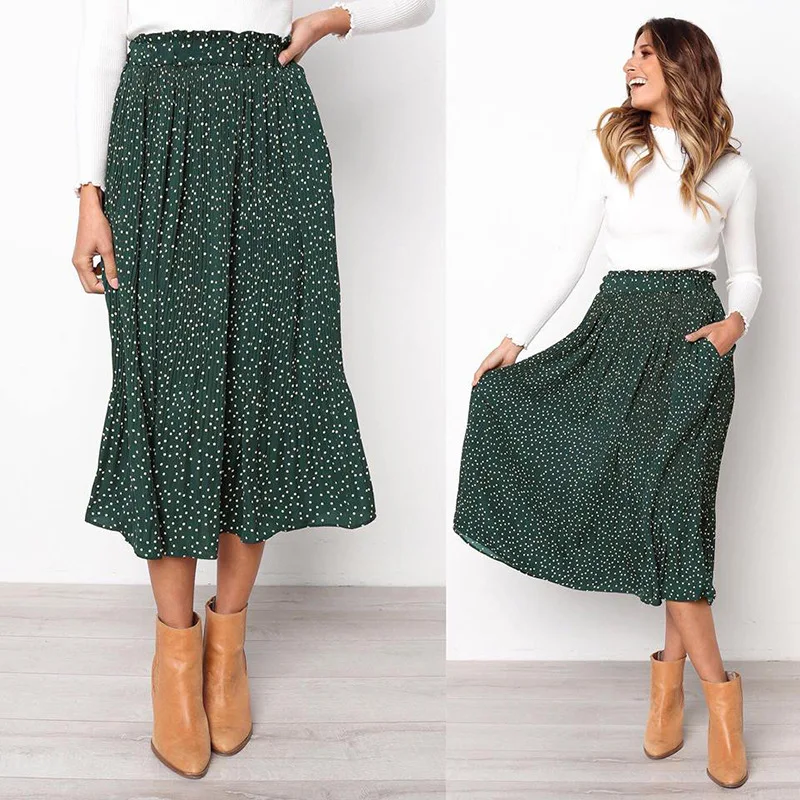 

2018 Summer Casual Chiffon Print Pockets High Waist Pleated Maxi Skirt Womens Long Skirts For Women