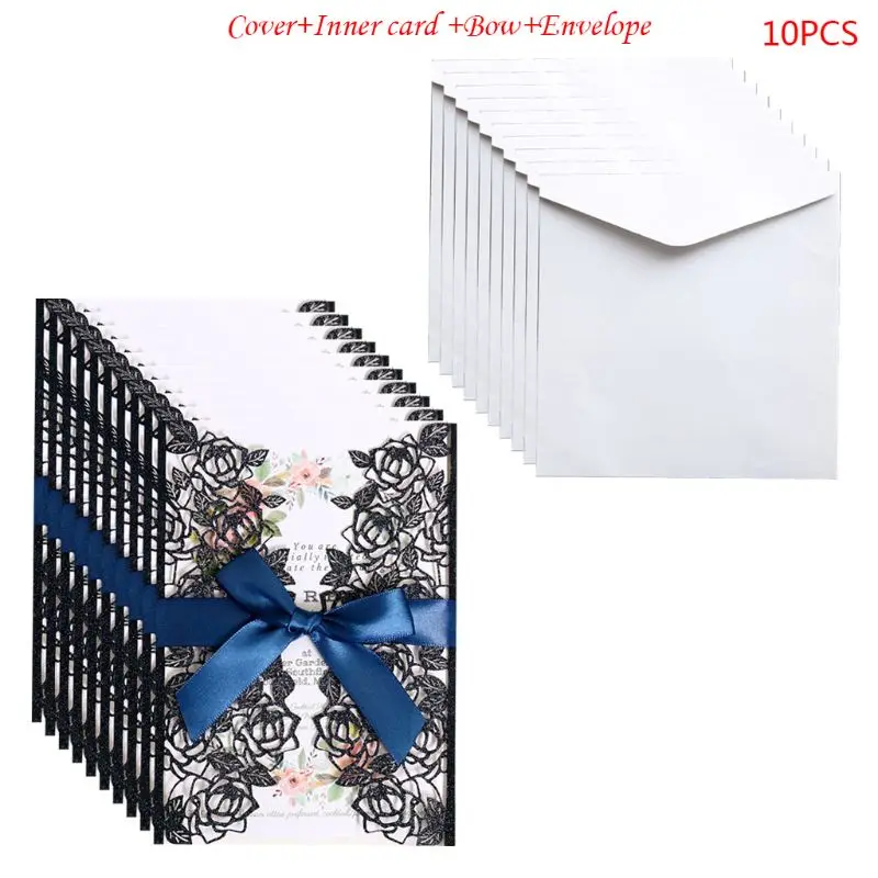  10pcs/set Glitter Laser Cut Rose Invitations Card With Ribbons Wedding Party - 4.00026E+12