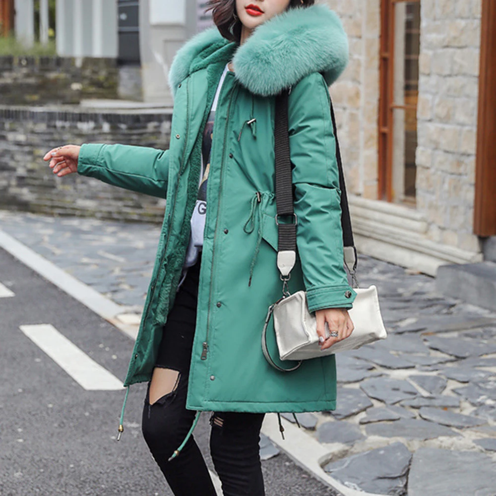 Модное теплое пальто для женщин, водонепроницаемая куртка с хлопковой подкладкой, тонкое длинное пальто для женщин, Зимняя парка с большим меховым капюшоном размера плюс - Цвет: Green