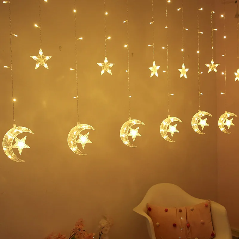 

2.5M 138 LED Moon Star Curtain Light Twinkle String Fairy Light Indoor Outdoor Christmas Garland For Wedding Party Decoration