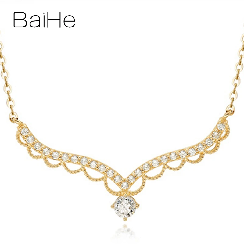 Yellow Gold BAIHE Solid 18K розовое золото Сертифицированный H/SI 0.20ct+ 0.15ct натуральные бриллианты женщины изысканное украшение на свадьбу подарок ожерелья - Цвет камня: Yellow Gold