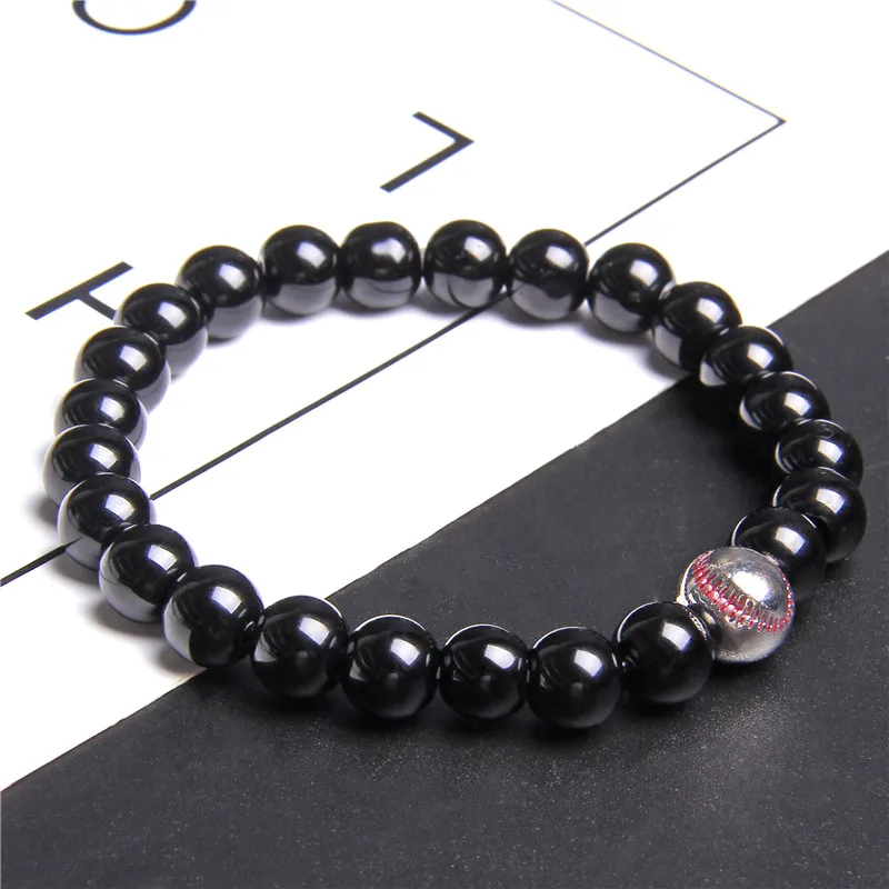 Basketball Charm Bracelets For Man Natural Polished Black Agat Beads Bracelet Gold Alloy Ball Bangle For Sports Women Jewelry