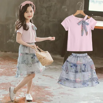 

2020 summer kids baby Girls Clothes Fashion Bow T shirts Flower Skirts 2pcs pink Child Clothing 3 4 5 6 7 8 10 11 12 13 years