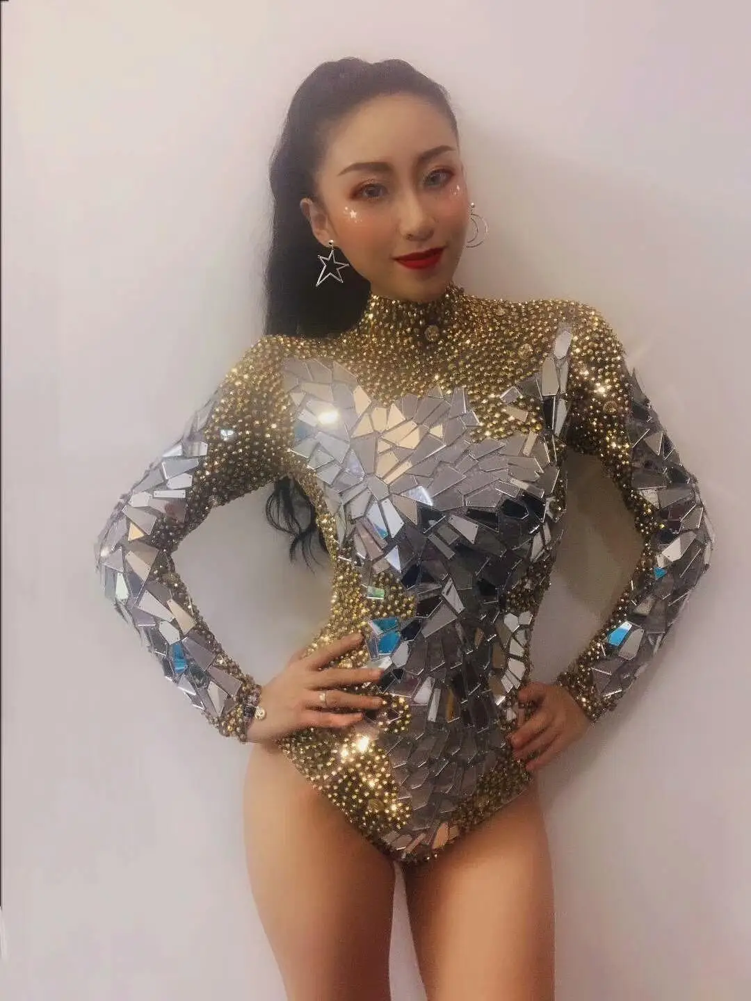 Women Rhinestones Mirrors Bodysuit Jumpsuit Dancer Singer Stage
