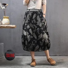 Этнический стиль, с принтом, эластичная талия, широкая, плюс бархат, утолщенная юбка с цветами, ковбойская Женская юбка, новинка, осень и зима