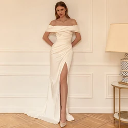 Simple Side Slit Mermaid Long Evening Dress 2022 Women's Satin Strapless Backless Off the Shoulder Wedding Guest Party Gowns